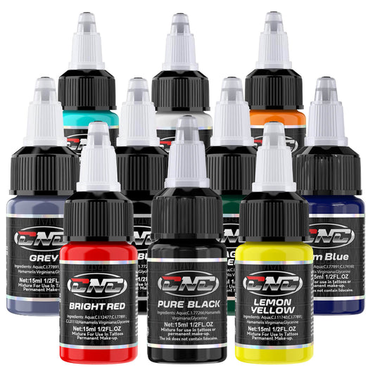 CNC Tattoo Ink 10 Colors Set 1/2oz 15ml/Bottle Tattoo Inks Pigment Kit Superior Tattoo Supplies for Lining, Shading, Tribal, and Blending