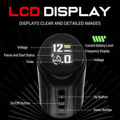 Adjustable Stroke Tattoo Machine with LCD display showing voltage, pause/start status, timer, battery level, and frequency.