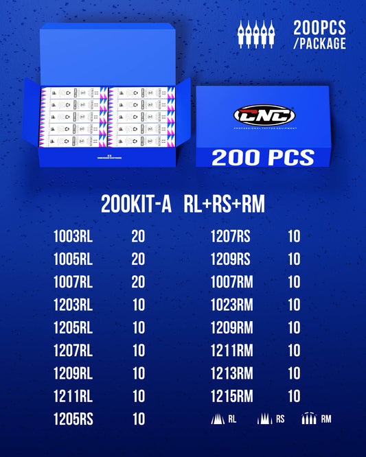 CNC Dimension Tattoo Cartridge Needles 200pcs Assorted RL/RS/RM with Membrane