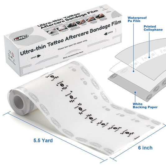 CNC Tattoo Aftercare Bandage 6""x 5.5 Yard Waterproof Adhesive Bandages Transparent Film Dressing with Sliding Cut Tattoo Wraps for Healing Second Skin Protection Tattoo Cover Up Tattoo Supply, White