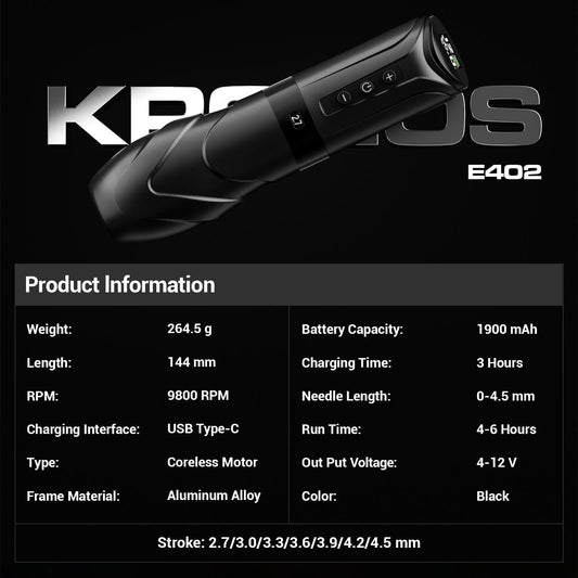 CNC KRONOS Wireless Tattoo Machine with Adjustable Stroke – Rotary Cartridge Tattoo Pen Gun with Extra 1900mAh Battery, Modular Screen Display, Coreless Motor for Professional Tattoo Artists