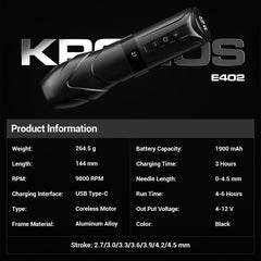 CNC KRONOS Wireless Tattoo Machine with Adjustable Stroke – Rotary Cartridge Tattoo Pen Gun with Extra 1900mAh Battery, Modular Screen Display, Coreless Motor for Professional Tattoo Artists