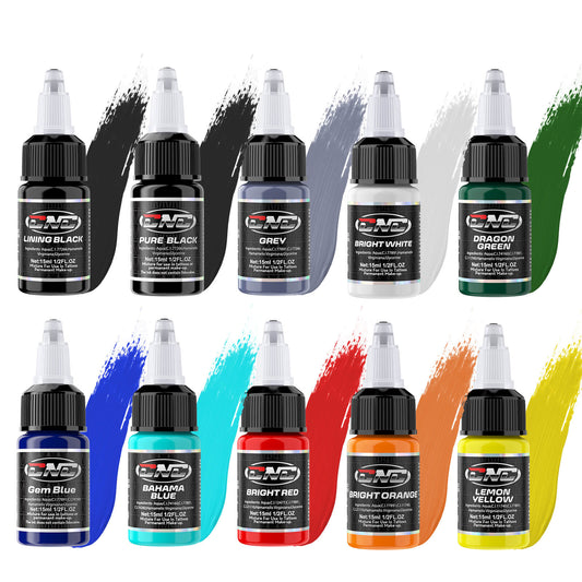 CNC Tattoo Ink 10 Colors Set 1/2oz 15ml/Bottle Tattoo Inks Pigment Kit Superior Tattoo Supplies for Lining, Shading, Tribal, and Blending