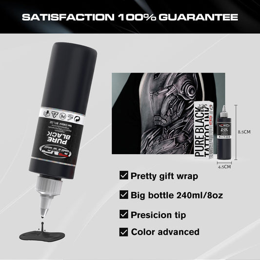 CNC 8oz Black Tattoo Ink Set 240ml Pure Black Vegan-Friendly Pigment Professional Tattoo Supplies for Lining, Shading, Blending Premium Skin-Safe Inks